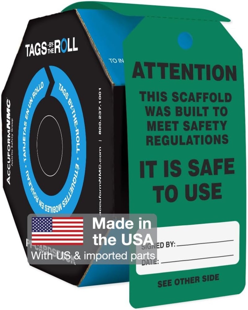 NMC AccuformNMC 100 Scaffolding Tags by-The-Roll, Attention - Scaffold is Safe to Use, US Made OSHA Compliant Scaffold Tags, Waterproof PF-Cardstock, Resists Tears, 6.25""x3"", TAR711, White - Image 1